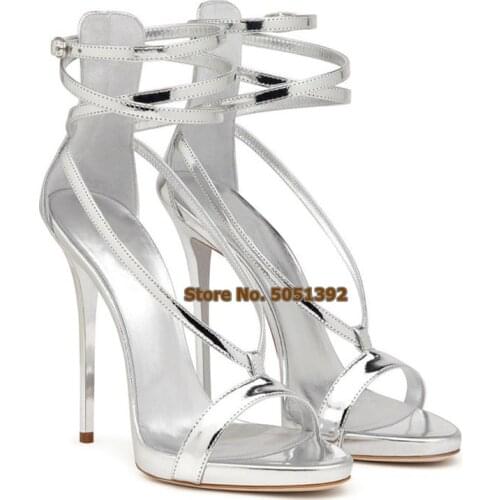 Women High Thin Heel Sandals Open Toe Ankle Cross-Tied Sunmmer Stiletto Patent Leather Sexy Banquet Shoes Large Size Golden