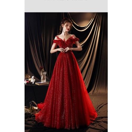 CloverBridal In Stock robe de soirée de mariage abito cerimonia donna 2021 Red Sparkly Sequin Dresses For Women DH9496