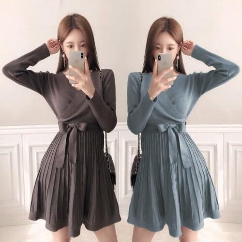 2021 New Winter Women Elegant Solid MiNi Dress With Belt V Neck Korean Chic Slim Frenulum Dresses Long Sleeve Sweater Dress