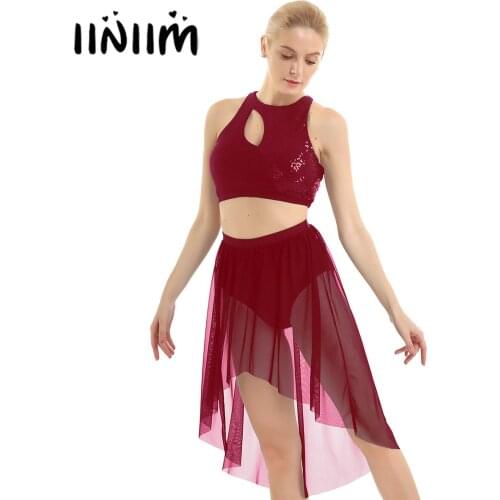 Womens Adult Latin Dance Dress Lyrical Costume Asymmetrical Shiny Sequins Crop Top with High-Low Skirt Gymnastics Dancewear