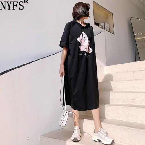 NYFS Summer Dress 2021 Korean New Loose Short Sleeve Woman Dress Vestidos Robes Elbise Bear Printing Hooded Dresses