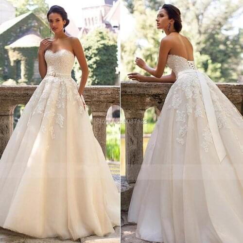 Glamorous Champagne Wedding Dresses Vestidos de Novia Sweetheart Lace Appliques Beaded Belt Lace Up Wedding Gowns Formal 2021