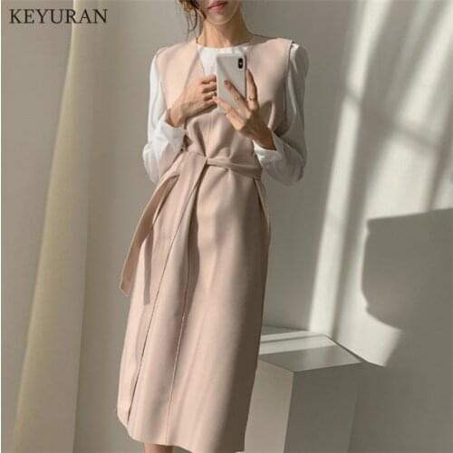 Korea New 2021 Winter Spring Women Dresses Sashes Solid Split Straight Knitting Warm Sweater Elegant Office Ladies robe vestidos