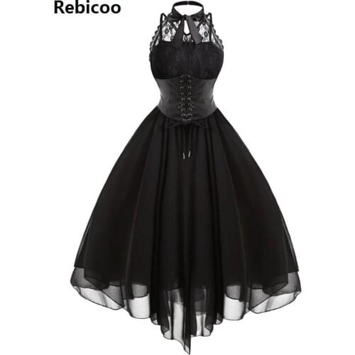 Gothic Bow Party Dress Women Vintage Black Sleeveless Cross Back Lace Panel Corset Swing Dress Robe Vestidos Femme
