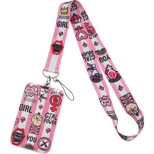 1pc ZF2483 Pink Girl Power Feminist Neck Strap Lanyard For Keys ID Card Phone Straps Badge Holder DIY Hang Rope Lariat Lanyard