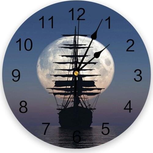 Full Moon Sea Boat Shadow 3d Wall Clock Modern Design Farmhouse Decor Kitchen Vintage PVC Round Clock Living Room Decoration