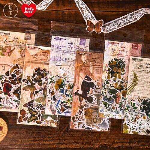 60pcs Stickers Retro Kawaii Animal Butterfly Art DIY Material Scrapbook Diary Decoration Antique Handbook Album Sticker