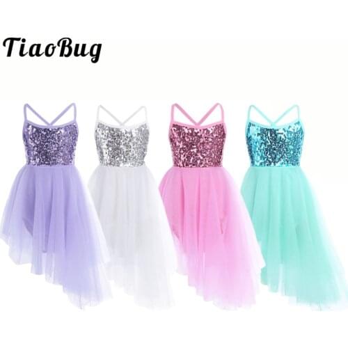 Kids Girls Asymmetrical Shiny Ballet Tutu Dress Gymnastics Ballerina Dance Leotard Girls Latin Lyrical Dance Costumes