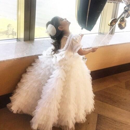 Long New Flower Girl Dress for Wedding Princess Pageant Gown Tiered Puffy Tulle Backless Girls First Communion Dress