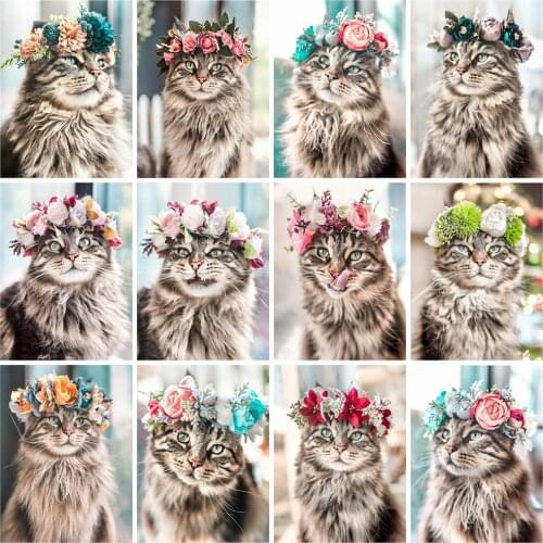 Evershine Diamond Mosaic Cat Diamond Painting Flower Embroidery Animal Cross Stitch Kit Picture Rhinestones Handicrafts Gift