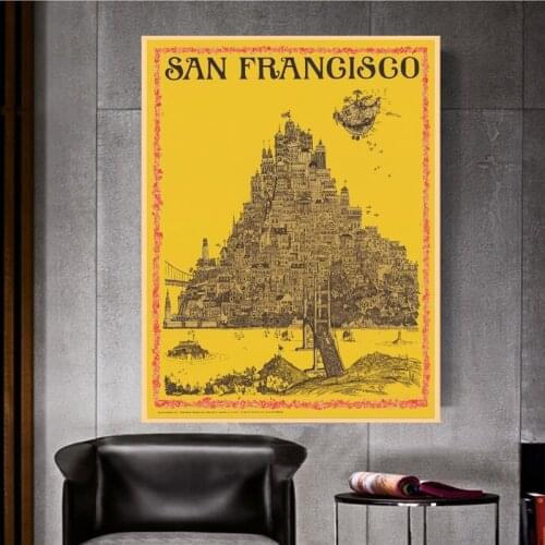 Old San Francisco Map Pictorial Art Print Vintage Poster Wall Art Picture Decor , California USA City Map Retro Painting