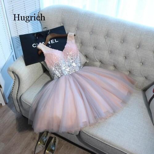 Short Dresses Pink Gray Sequined V-Neck Elegant Vestido Formatura Curto