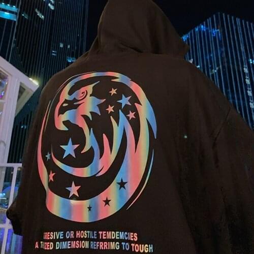 Colorful Letter Print Reflective Hip Hop Star Hoody Men Casual Loose Hoodies Sweatshirts Couple Streetwear Drawstring Pullover