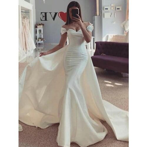 Summer Simple Off Shoulder Mermaid Wedding Dresses With Detachable Train African Beaded Princess Satin Customize Wedding Gowns