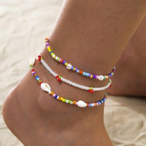 Trendy Plastic Geometric Ankle Chain Womens Ethnic Mix and Match Contrast Color Measle Shell Beads Ankle Chain Jewelry for Girls