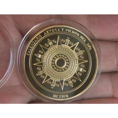Maya Calendar Plated Coin Souvenir Mayan Aztec Badge Pin Mexico Gift Gold Color Vintage Collection