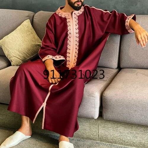 Muslim Jubba Thobe Clothes Men Hoodie Ramadan Spring Autumn Abaya Dubai Turkey Islamic Clothing Male Casual Loose Red Stripe