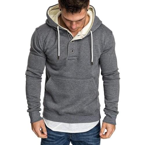 Winter Men Solid Color Long Sleeve Buttons Drawstring Warm Fleece Hoodie Coat