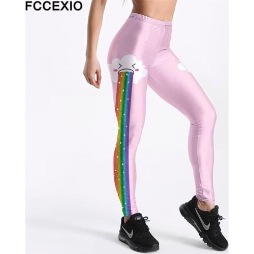 FCCEXIO New Workout Leggings High Waist Fitness Legging Cute Cloud Rainbow 3D Print Leggins Female Leg Pants Large Size Leggings