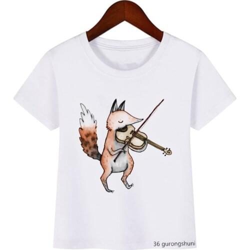 New arrival 2021 kids t-shirt cute The fox plays the violin cartoon print kids tshirt clothes summer boys/girls t shirt tops