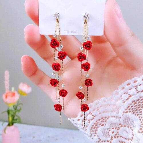 Korean Version New Exquisite Womens Silver Plated Needle Zircon Red Rose Studs Earrings Long Tassel Earrings Jewelry Gifts