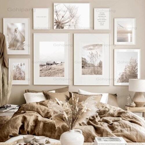 Lake Seabird Farm Canvas Painting Nordic Beige Reed Dandelion Wall Art Posters and Prints Wall Pictures for Living Room Decor