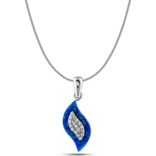 Solid 925 Sterling Silver Women Silver Wavy Blue Model Necklace Stonework Necklace Blue Silver Pendant