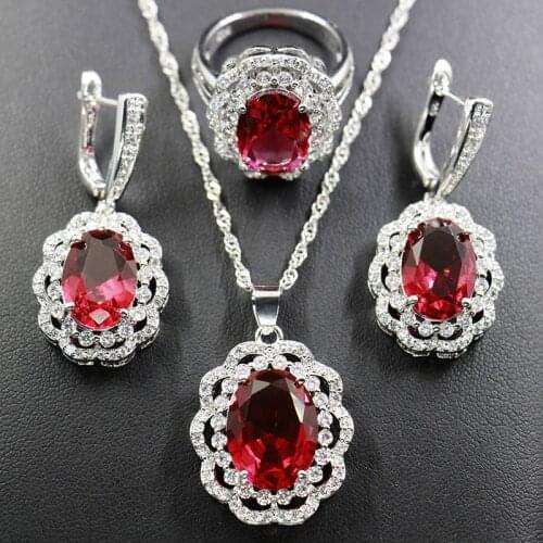 Rose Red Big Oval Jewelry Set For Women Silver Color Earrings Necklace Ring With Pendant Luxury Bridal Jewelry