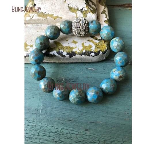 Rustic Jewelry Blue Faceted Turquoises Versatile Beaded Stretch Bracelet Large Rhinestone Ball Layering Bracelet BM10797