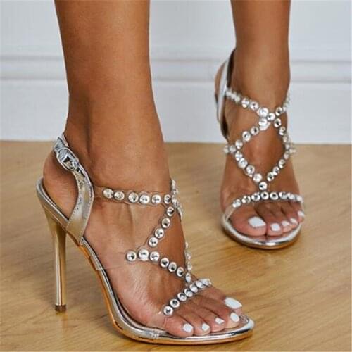 PVC Jelly Sandals Open Toe Thin High Heels Women Sandals Transparent Round Toe 11CM Buckle Strap Rhinestones Bling women shoes