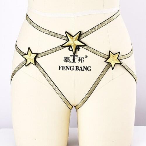 Sexy Gold Pentagram Body Harness Women Bottom Briefs Bondage Leg Garter Lingerie Fetish Wear Body Harness Garter Belt Stockings