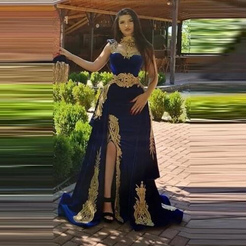 Vintage Royal Blue Mermaid Velvet Moroccan Prom Dresses Gold Lace Front Split Plus Size Formal Evening Gowns For African Women