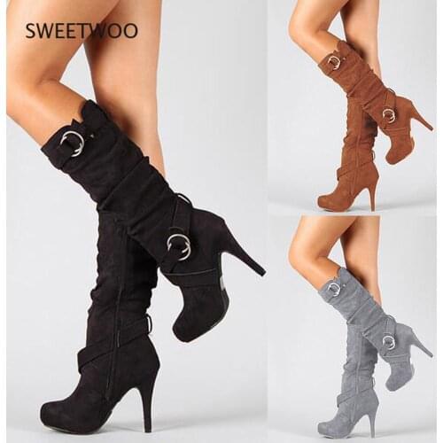 Ladies Martin boots suede mid-boots belt buckle thick-soled stilettos zipper winter shoes ladies