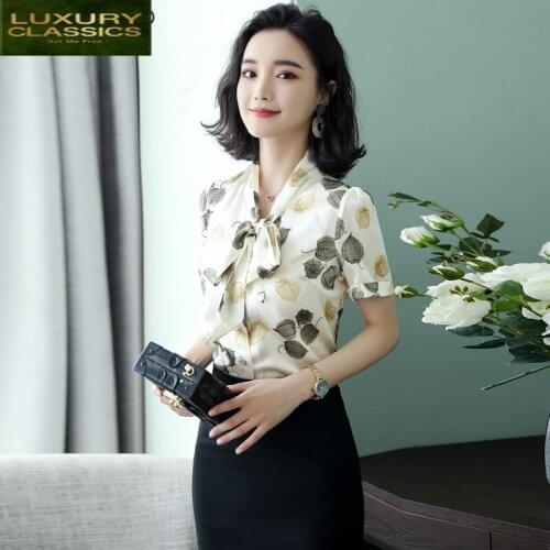 Ladies Tops Real Summer Silk Shirts Womens Blouses Korean Fashion Clothing Office Wear Short Sleeve Blouse 2021 LWL1574