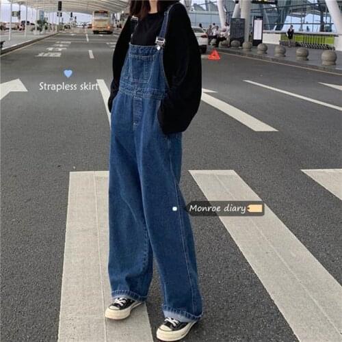 Streetwear High Waist Denim Jumpsuit Women Solid Basic Overalls Lady Baggy Romper Korean Fashion Jumpsuits Hot Sale Blue 2021