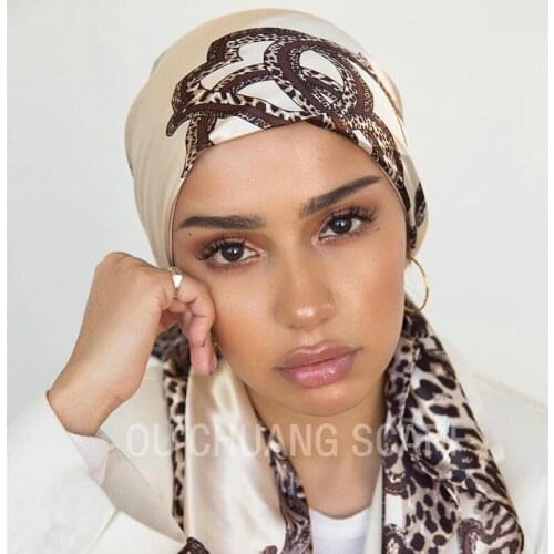 Fashion Leopard Chain Printed Scarves Wrap Ladies 90cm Square Satin Hijabs Headscarf Turban Sunscreen Foulard