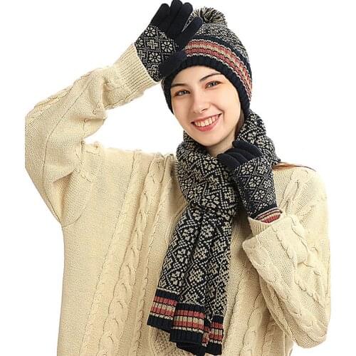 Woman Winter Hats Fashion Warm Vintage Pattern Acrylic Knitted Woolen Hat Scarf Gloves Set Female Warm Knitted Hat