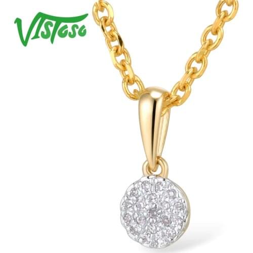 VISTOSO Gold Pendants For Women Authentic 14K 585 Yellow Gold Small Round Circle Sparkling Diamond Necklace Pendant Fine Jewelry
