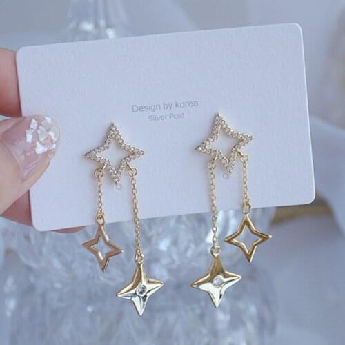 14k Real Gold Fashion Jewelry Crystal Star Long Exquisite Simple Earrings for Woman Holiday Party Elegant Zircon Earring