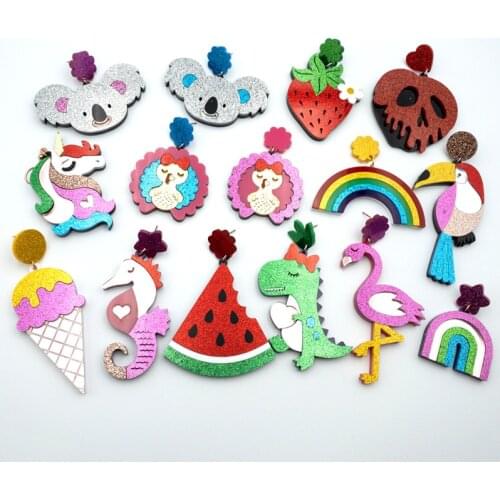 Acrylic Earrings For Women Glitter Powder Koala Flamingo Dinosaur Turkey Food Rainbow Shiny Harajuku Earrings Fashion Jewelry