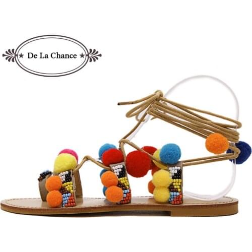 De La Chance Flat Sandals Female Summer 2017 New Lace Up Sandals Pompoms Ankle Strap Summer Gladiator Women Sandals Leisure