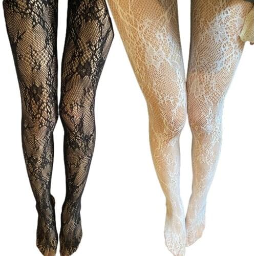 Women Hollow Out See-Through Mesh Fishnet Pantyhose Sweet Lace Floral Patterned Jacquard Lolita Kawaii Tights Stockings