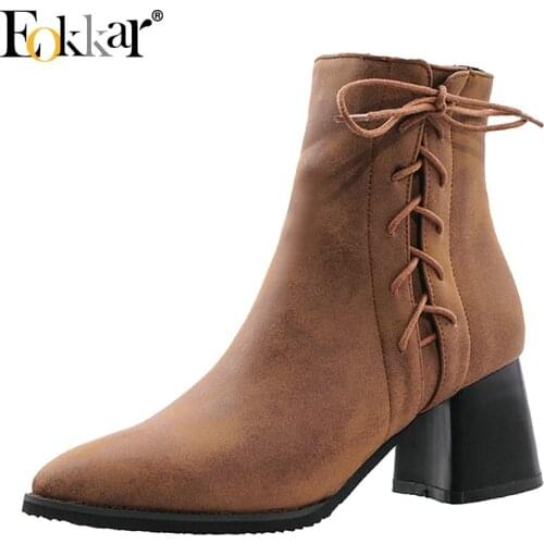 Eokkar 2020 Women Ankle Boots Square High Heel Round Toe All Match Elegant Winter Boots Shoes Zipper Ladies Boots Size 34-43