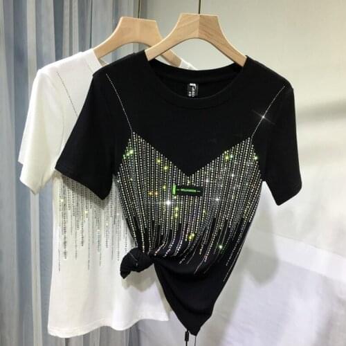 European Summer New Heavy Industry Cotton Hot Rhinestone Slim Fake Two Pieces Shiny Short Sleeve O Neck T-Shirts Women Tops 2021