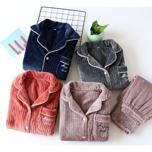 Fdfklak 2020 Winter Long Sleeve Couples Thick Warm Flannel Pajama Sets for Women Coral Fleece Sleepwear Men Homewear Home Suit