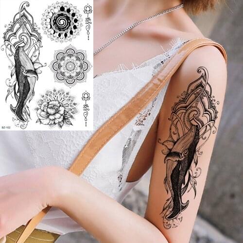 GoldOcean Mandala Flower Whale Totem Temporary Tattoos Stickers Body Arm Wrist Fake Tatoos Girls India Lace Henna Tattoo Decals
