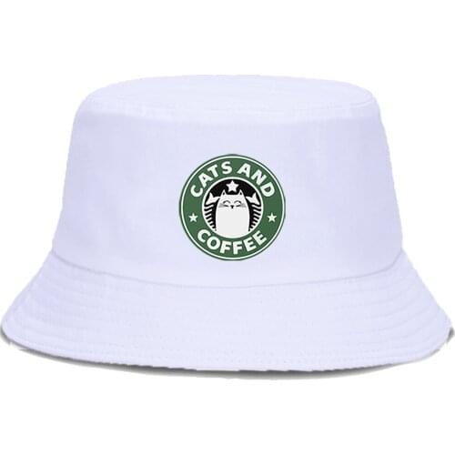 Cats And Coffee Harajuku Panama Caps Casual Outdoor Fishermans Hat Hip Hop Sun Shade Fishing Cap Foldable Unisex Bucket Hats