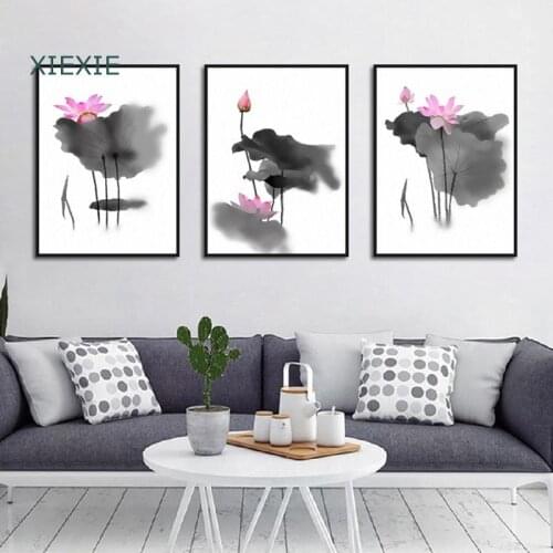 Chinese Style Pink Lotus Leaf Ink Painting Posters and Prints Unframed Canvas Painting for Living Room Hotel Office Decor