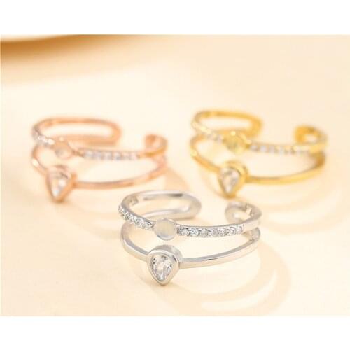 Ring Blank for 3mm-5mm Round Beads or Pearls Gold Plated 925 Silver Zircon Ring Setting Adjustable Ring Base SR0117