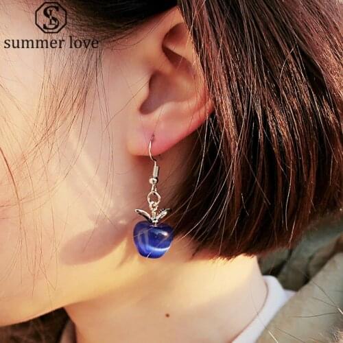 Cute Silver Color Opal Cat Eye Stone Drop Dangle Earrings Pink White Fruit Apple Earrings Women Jewelry Dropshipping